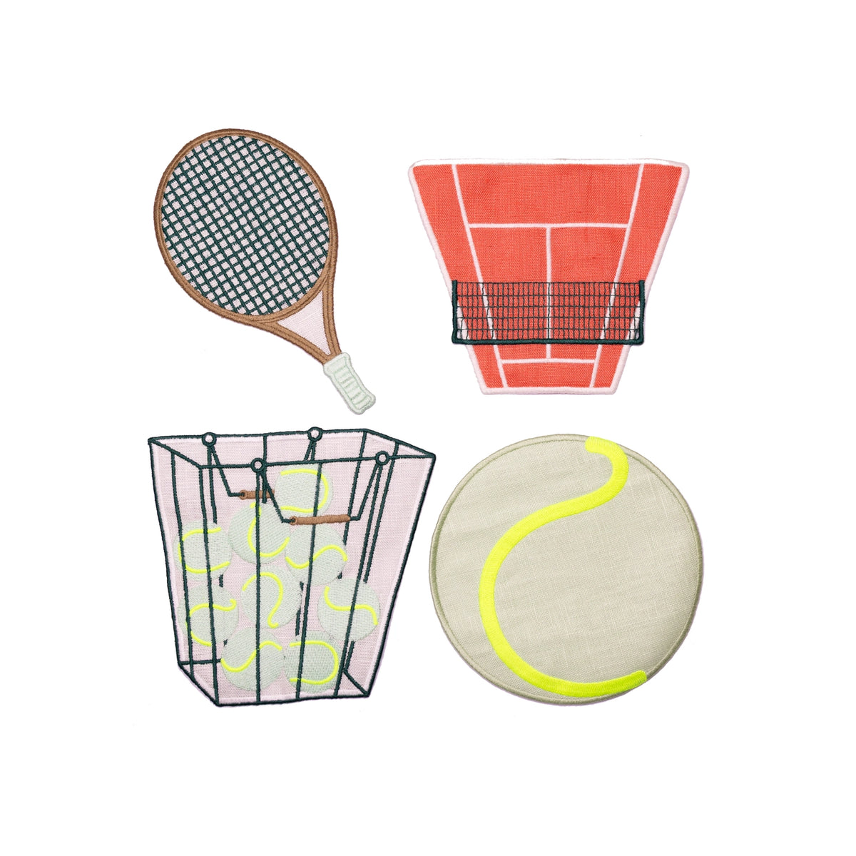 A racket, ball, court and basket on a white background