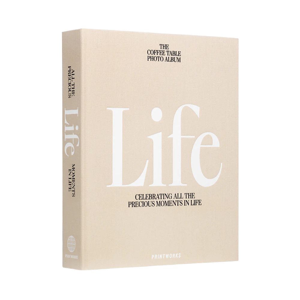 Beige photo album titled 'Life' on a white background