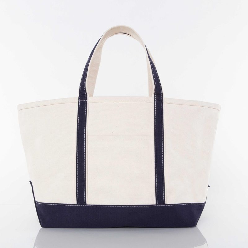White tote bag with navy accents on a white background