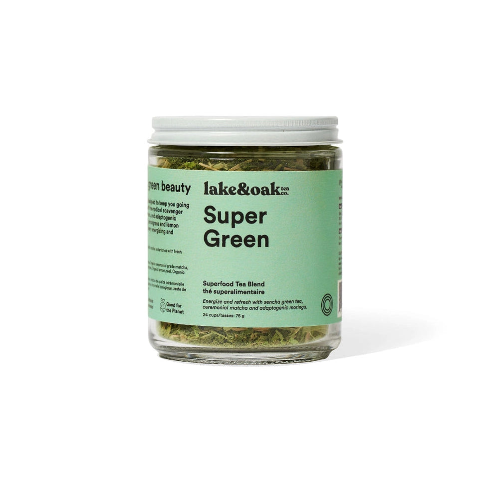 Jar of Lake & Oak Super Green on a white background
