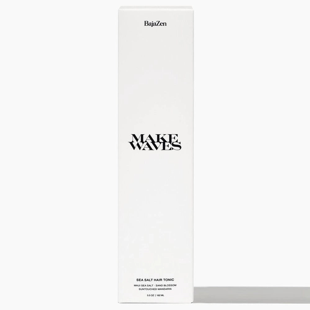 White box with 'Baja Zen' branding and 'Make Waves' text on a white background