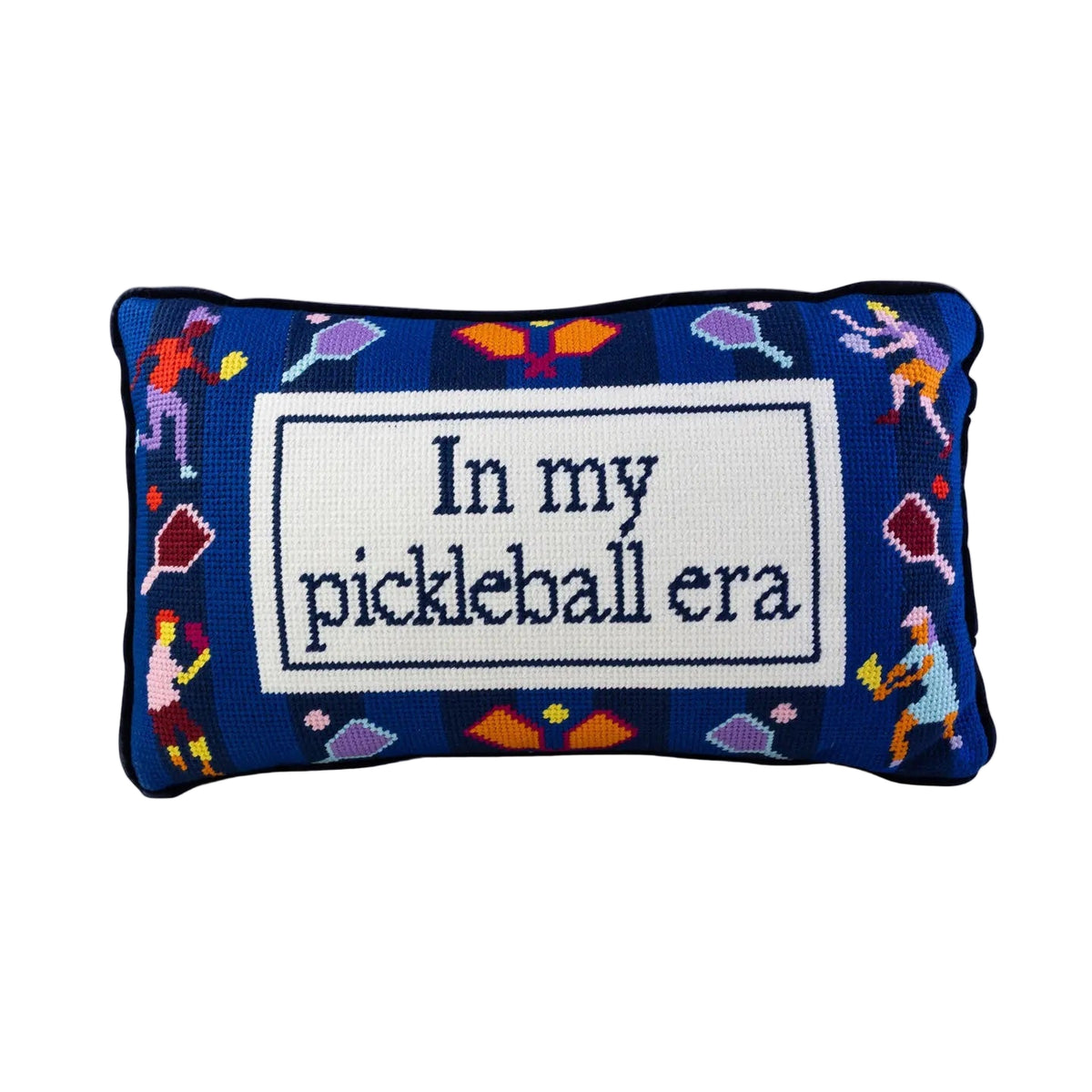 Decorative pillow with pickleball-themed design and text on a white background