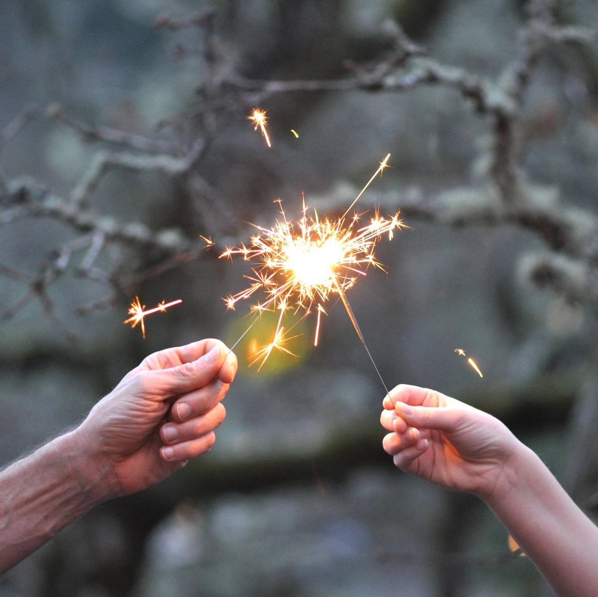 Two hands holding sparklers against a natural background
