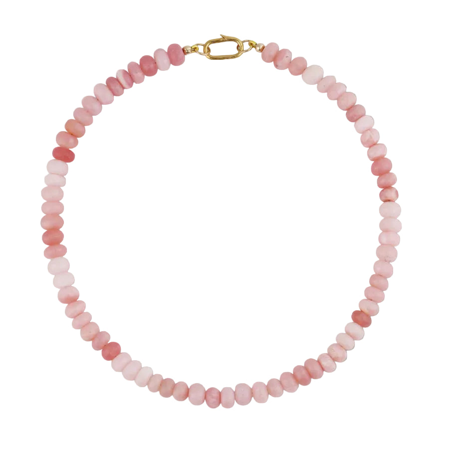 Necklace with pink and red beaded chain on a light gray background