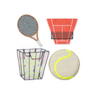 A racket, ball, court and basket on a white background
