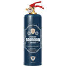 A navy blue fire extinguisher designed to resemble a bourbon whiskey bottle, featuring a label with 'Straight Bourbon Whiskey' text and a branding logo.