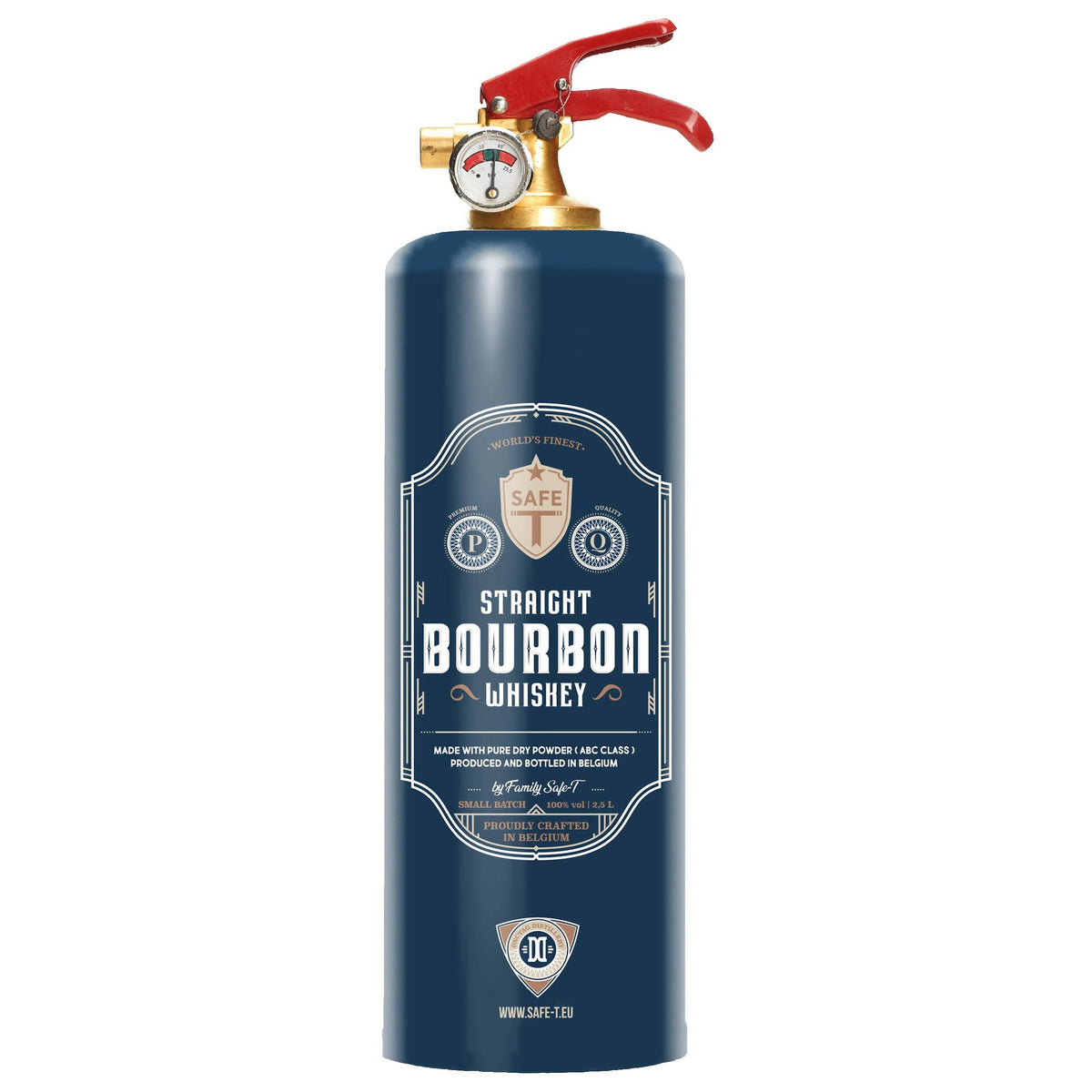 A navy blue fire extinguisher designed to resemble a bourbon whiskey bottle, featuring a label with 'Straight Bourbon Whiskey' text and a branding logo.