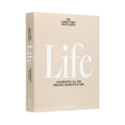 Beige photo album titled 'Life' on a white background