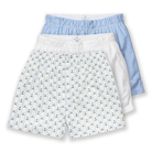 Three pairs of boxer shorts, one with a blue striped pattern and the other with a white and green golf pattern, on a white background.