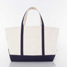 White tote bag with navy accents on a white background