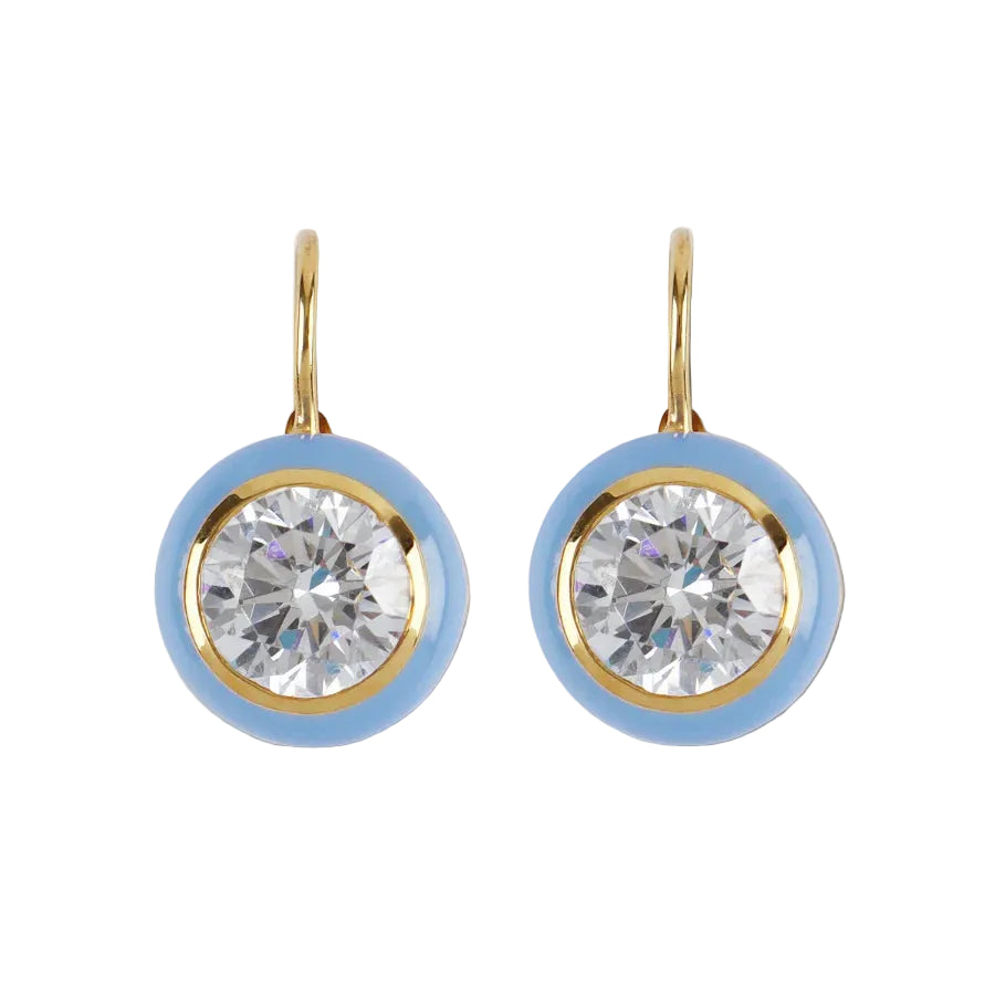 Gold earrings with clear gemstones and light blue circular accents on a white background