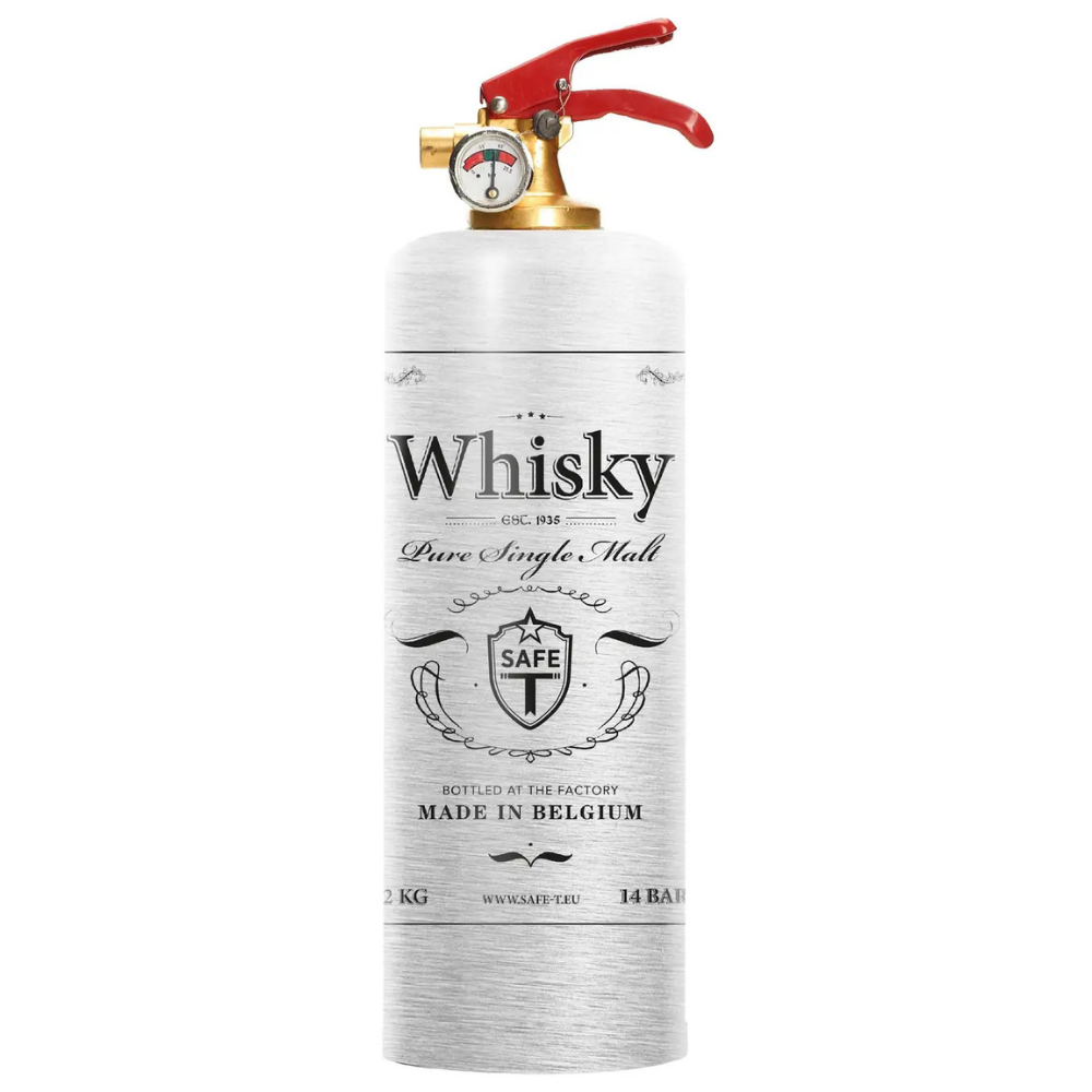 Whiskey bottle shaped like a fire extinguisher with 'Whisky' branding on a white background