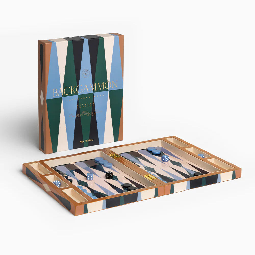 Backgammon set with a geometric patterned box on a white background