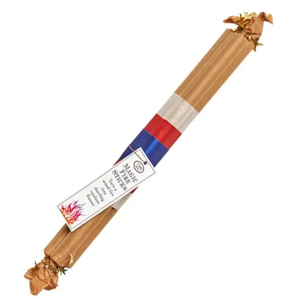 Two wooden sticks with colorful bandaging and a label on a white background