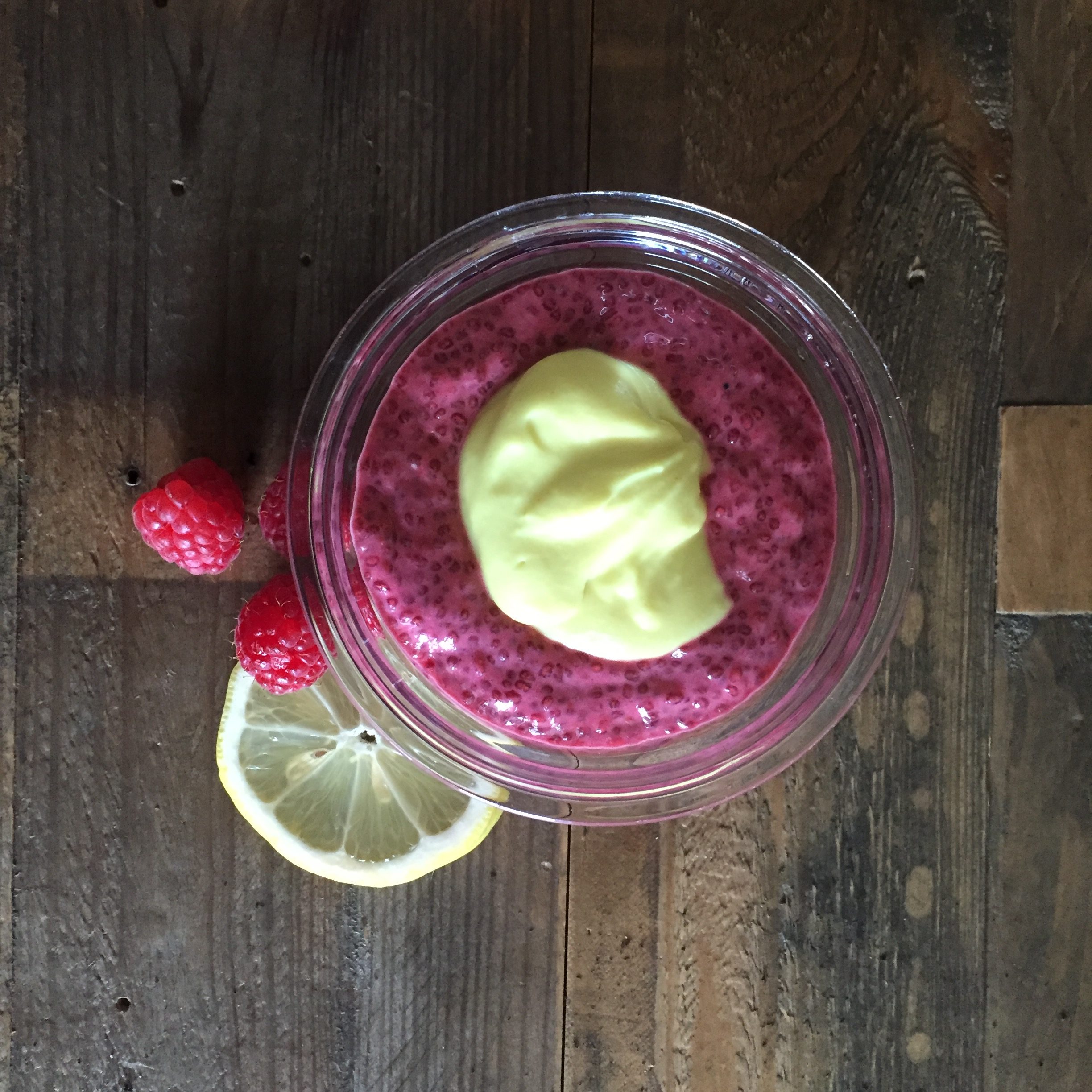 Raspberry lemon, chocolate and banana coconut chia pudding at Green & Tonic, Cos Cob, Greenwich, Darien and New Canaan, CT, greenandtonic.com