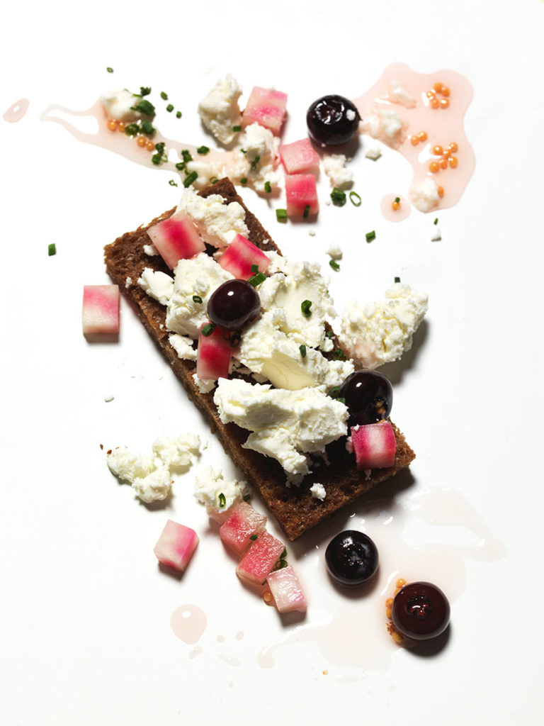 beet, goat cheese, and blueberry bruschetta