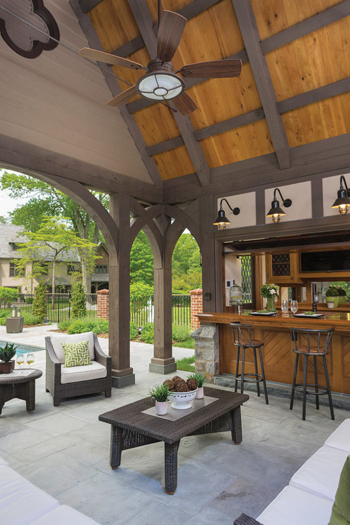 Outdoor pool pavilion with a bar and sitting area