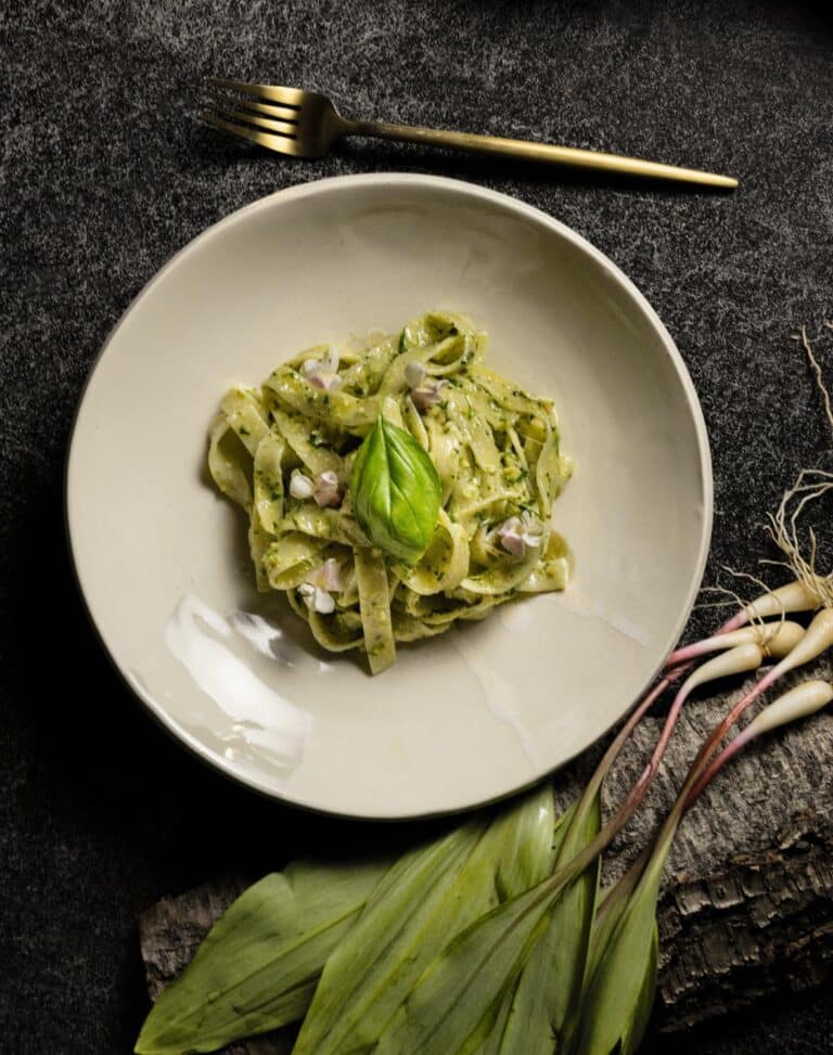 pesto fettuccine in a bowl