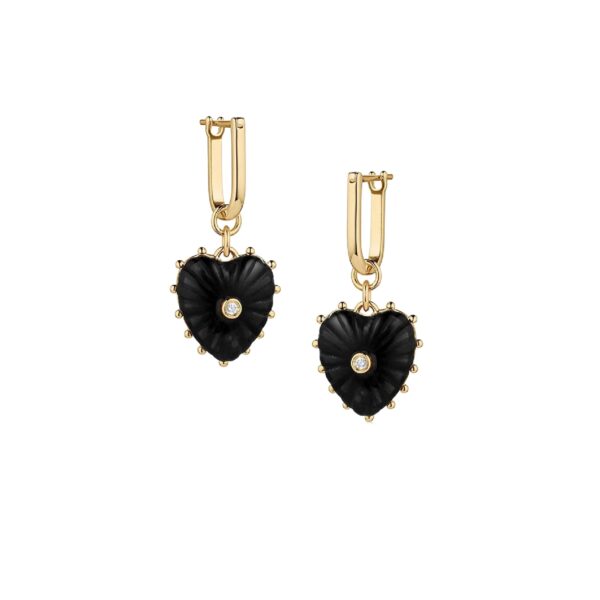 Black heart earrings with gold and diamonds