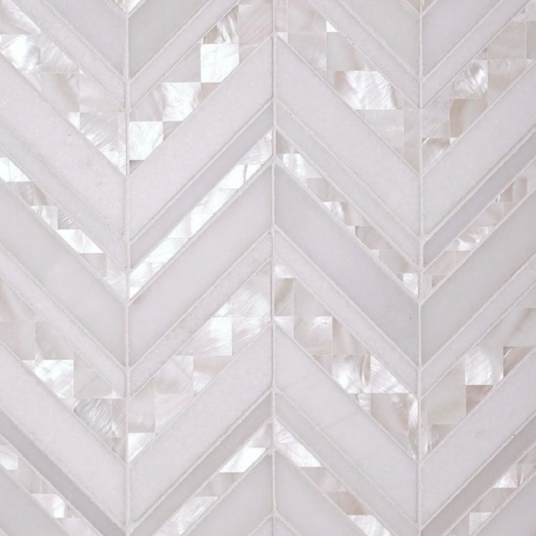 Herringbone Pearl White Thassos Marble and Shell Tile