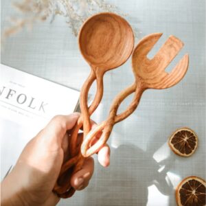 Handcarved Wooden Salad Servers Spoon Fork Set - Salad Tongs