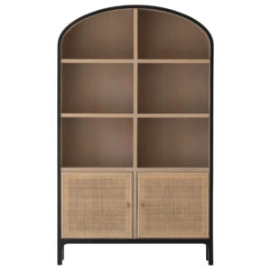 Anya Coastal Beach Black Oak Natural Rattan 2 Door Closed Back Curved Bookcase