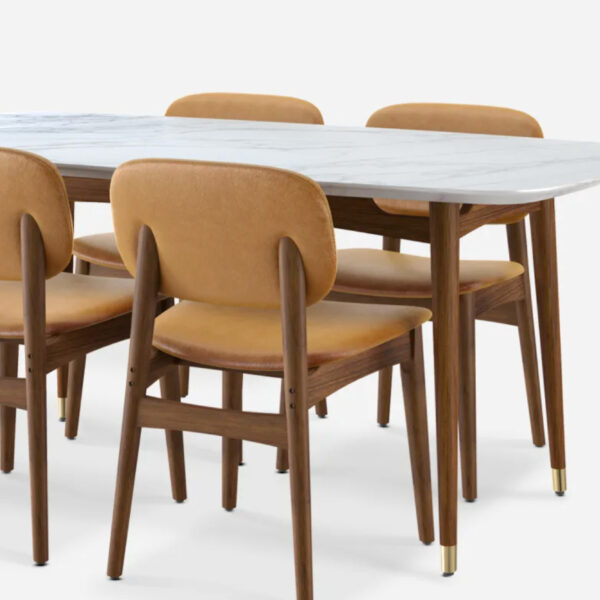 Kelsey Marble Dining Table with 4 Leather Chairs, Walnut Stain